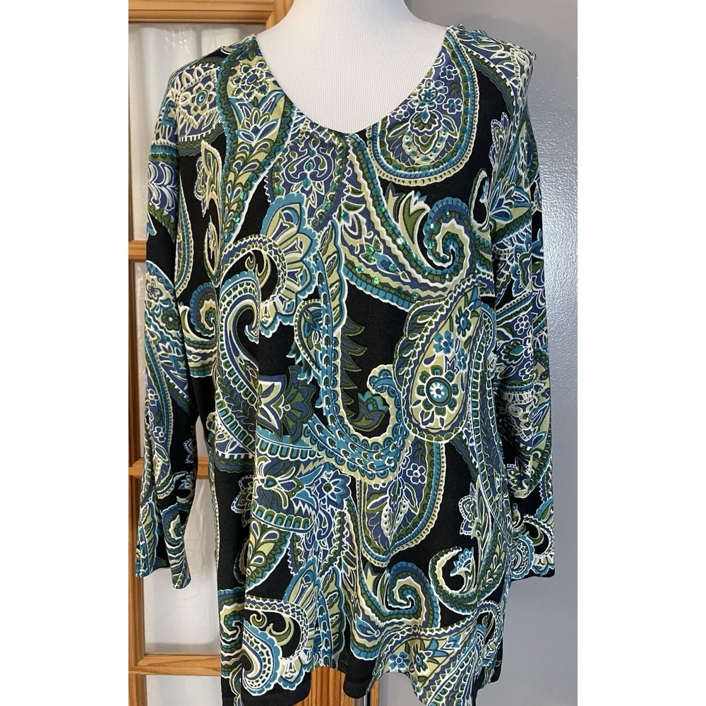 CDP & Co Sequined Paisley Top Womens 2X Black Green Floral Boho Cottagecore City